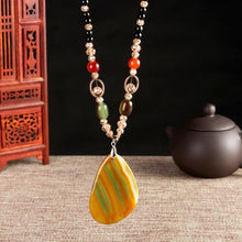 Load image into Gallery viewer, Women Classic Quaint Natural Chalcedony Long Agate Pendant Necklace, Brownish Green Stripe - Mega Discount Store Ghana